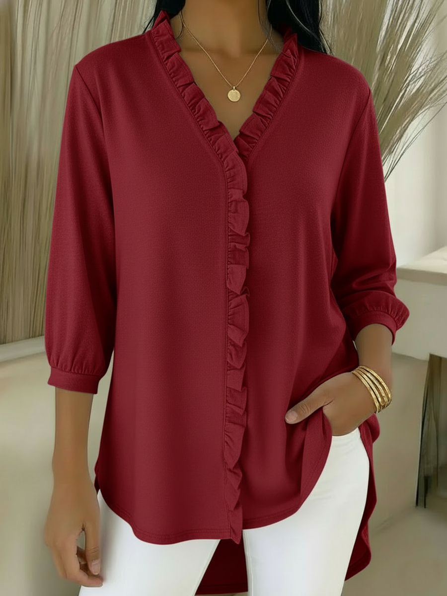 Casual Ruffled V-neck Cotton Top