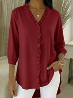 Casual Ruffled V-neck Cotton Top