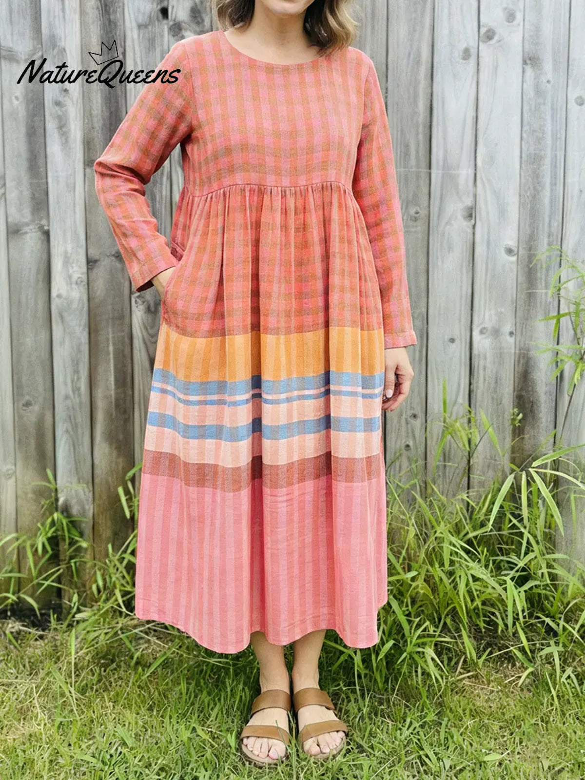 Women's Colorful Plaid Print Cotton And Linen Dress