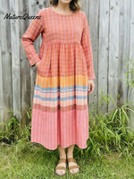 Women's Colorful Plaid Print Cotton And Linen Dress