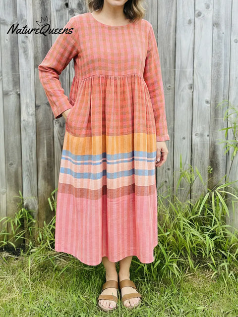 Women's Colorful Plaid Print Cotton And Linen Dress