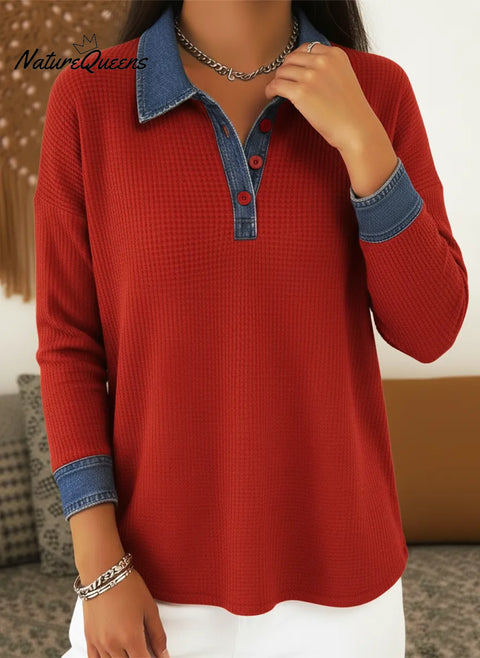 Casual Denim Paneled Polo Collar Button-down Waffle Top