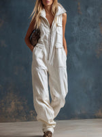 Women's Solid Color Stand-collar Sleeveless Casual Loose Cotton Wide-leg Jumpsuit