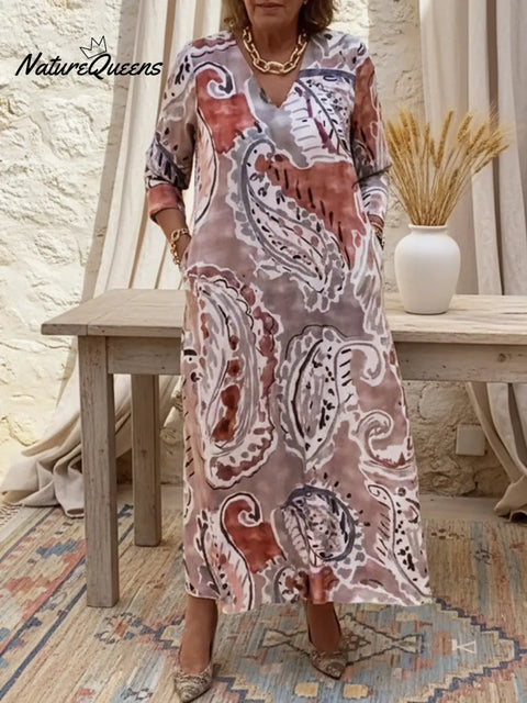 Retro V-neck Paisley Print Linen Midi Dress