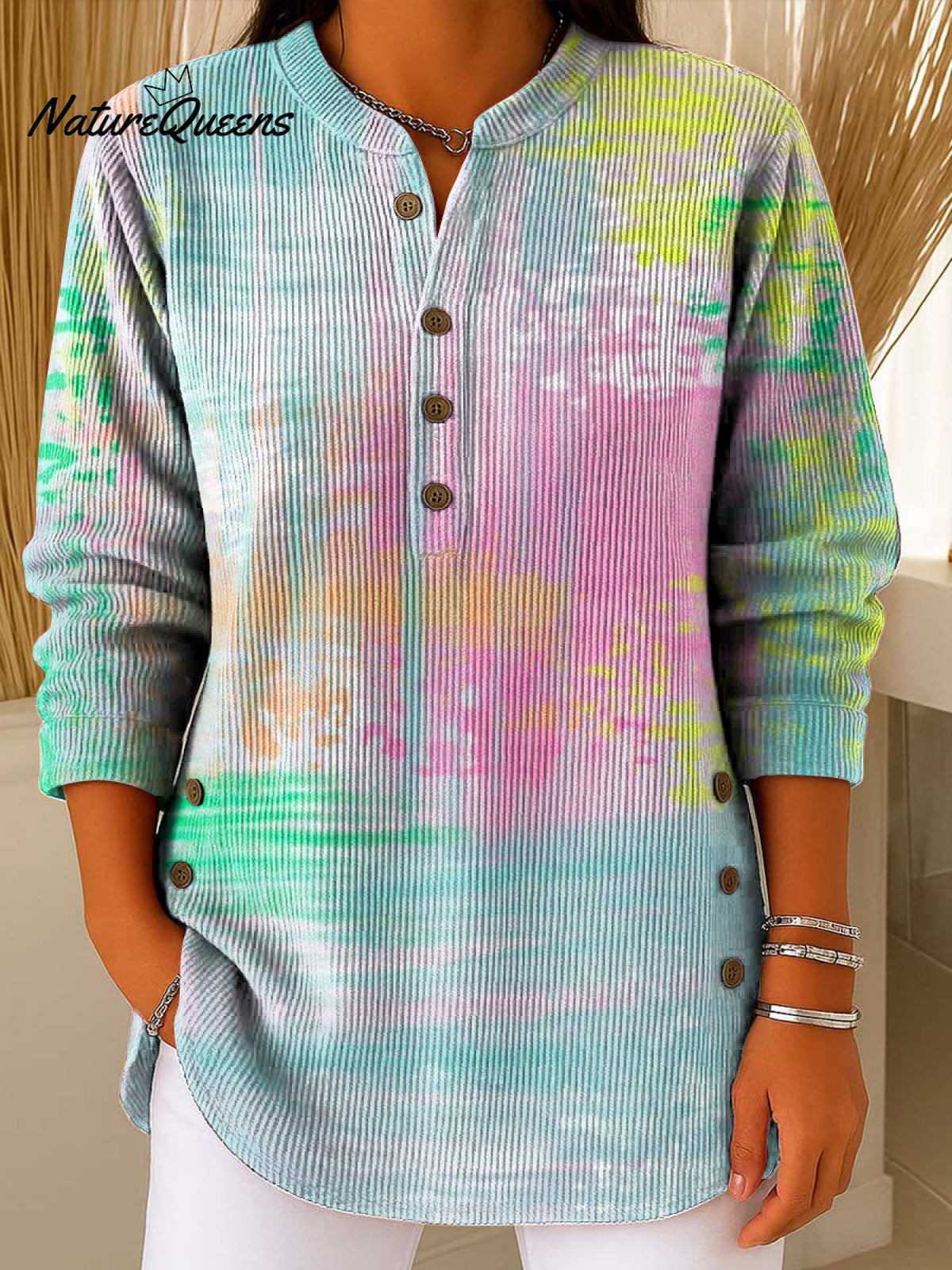 Geometric Abstract Gradient Pattern Art Polo Collar Shiny Loose Sweater Top