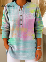 Geometric Abstract Gradient Pattern Art Polo Collar Shiny Loose Sweater Top