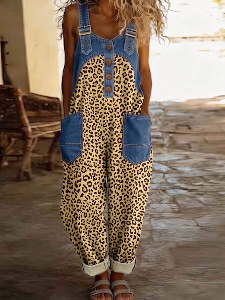 Women's Sleeveless Leopard Print Casual Loose Denim-paneled Wide-leg Jumpsuit