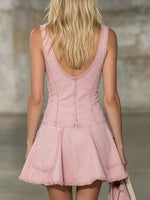Women's Pink Denim Multi-pocket Sleeveless Mini Dress