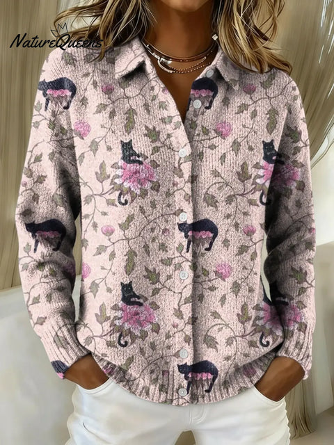 Women's Black Cat Floral Art Print Printed Collared Sweater