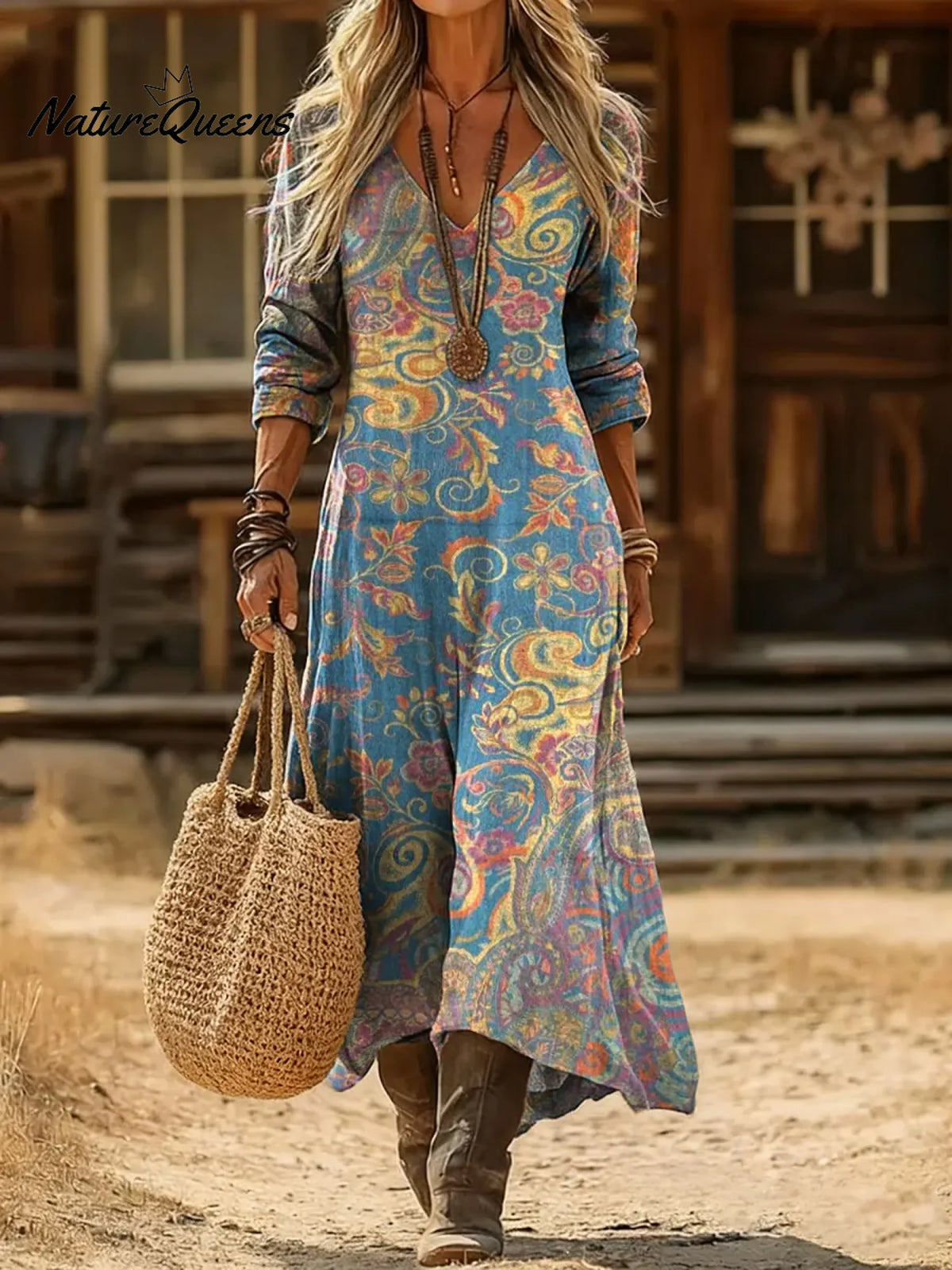 Women's Retro Paisley Art Print Casual Cotton Dress