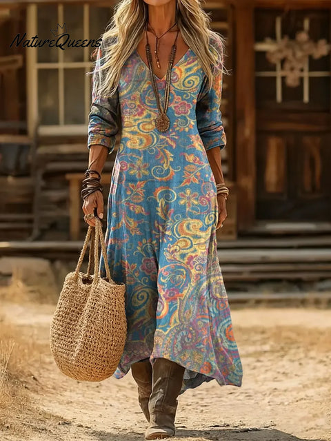 Women's Retro Paisley Art Print Casual Cotton Dress