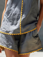 Cotton-linen Sleeveless Top With Wavy Trim + Shorts Set