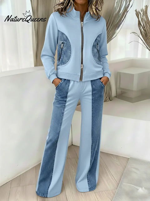 Women's Casual Zipper Patchwork Denim Cotton Sweatshirt and Pants Two-Piece Set