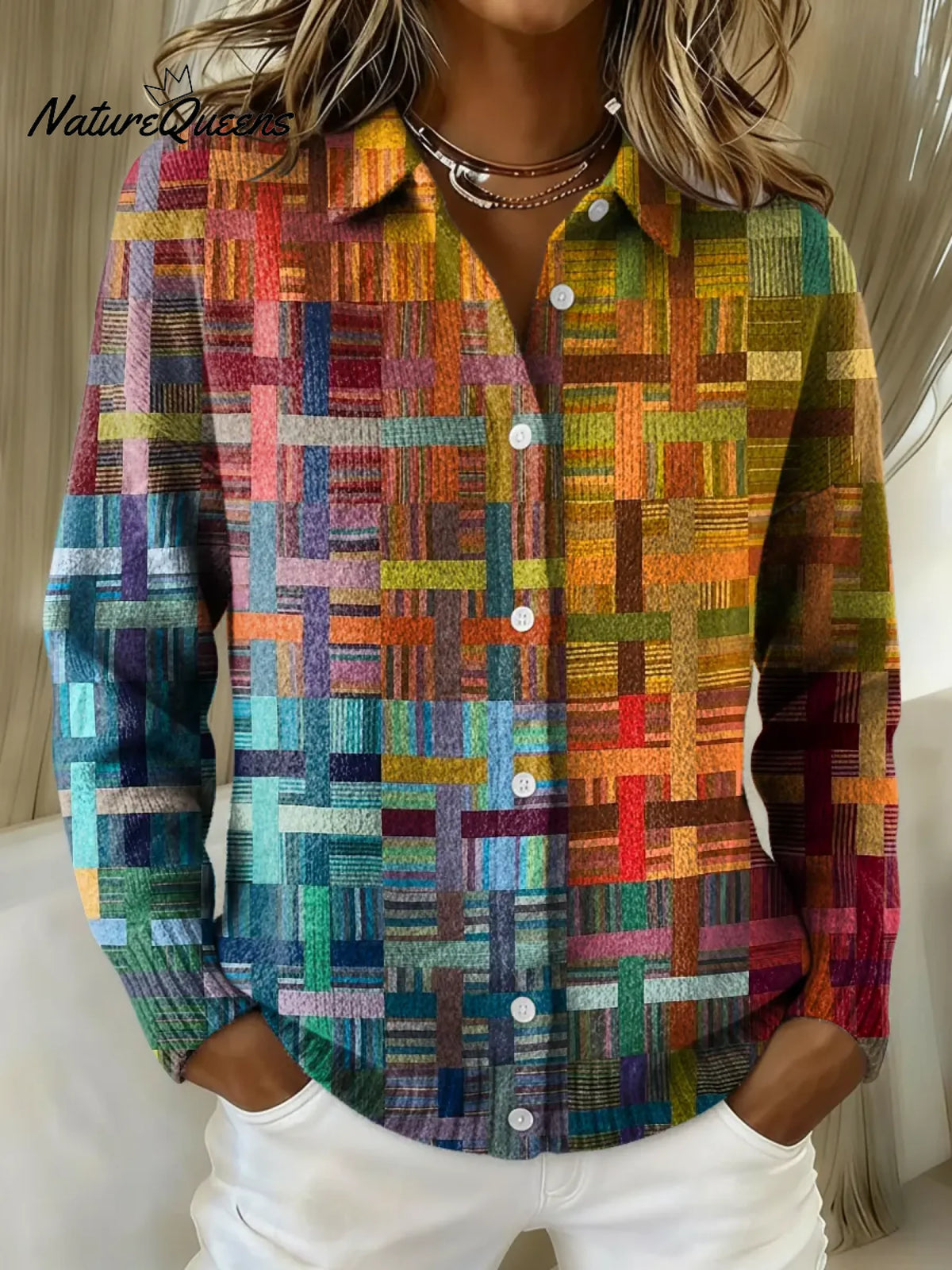 Women's Rainbow Gradient Stripes Collared Sweater