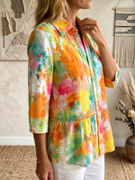 Artistic Cutout Lace-trimmed & Watercolor-print Cotton-linen Blouse