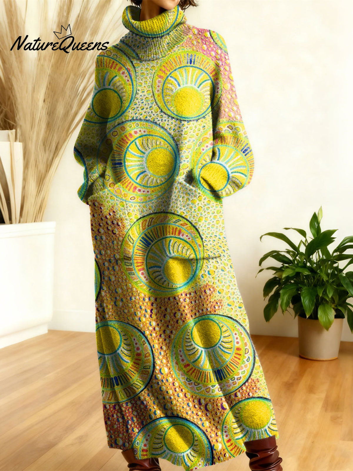 Women's Retro Color Gradient High-neck Long-sleeve Casual Loose Knit Dress