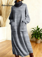 Women's Retro Geometric Patchwork High-neck Long-sleeve Casual Loose Knit Dress