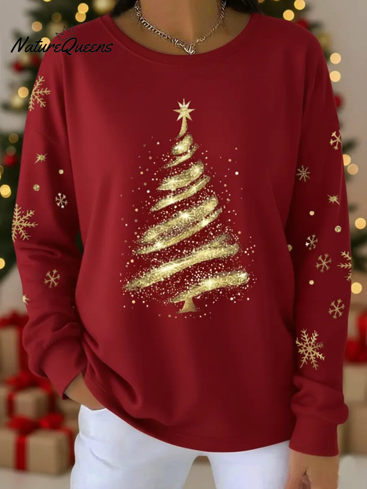 Gold Christmas Tree Print Crew Neck Sweatshirt