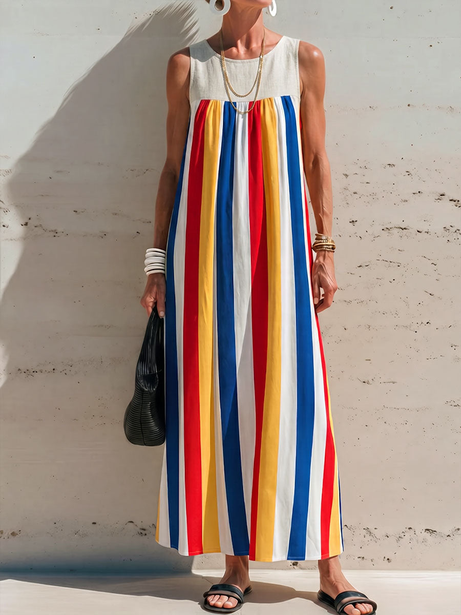 Women's Casual Loose Cotton-linen Dress With Contrast Striped Print Round Neck And Sleeveless Design