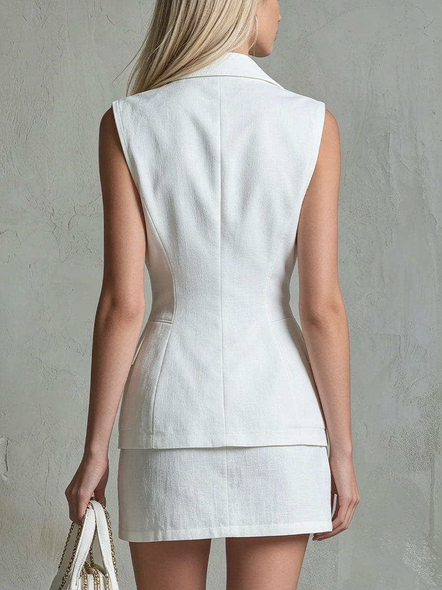 Women's Retro Double-breasted Linen Sleeveless Top And Skirt Set