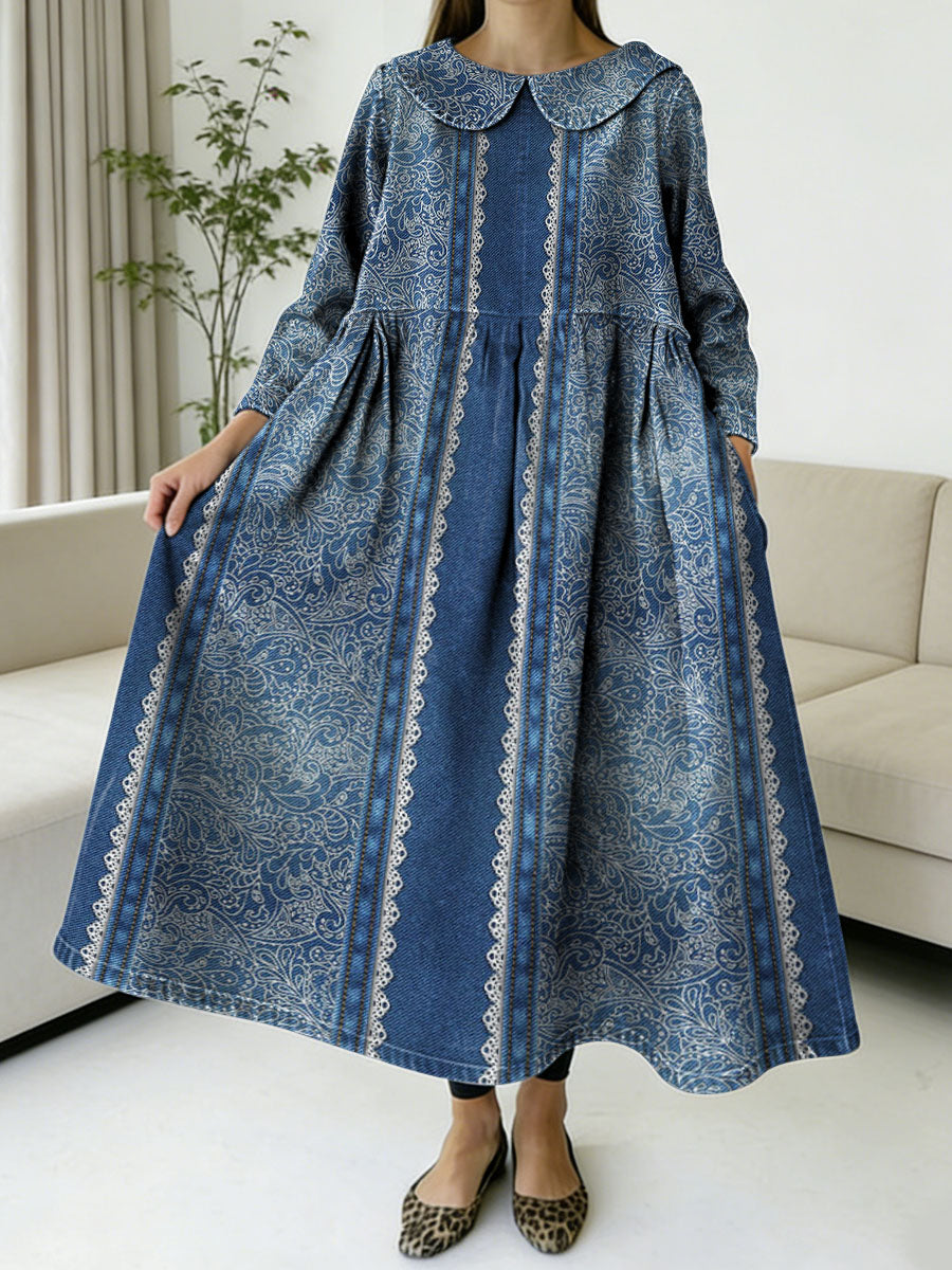 Denim And Lace Decorative Patterns Women's Casual Peter Pan Collar Long Sleeve Dress