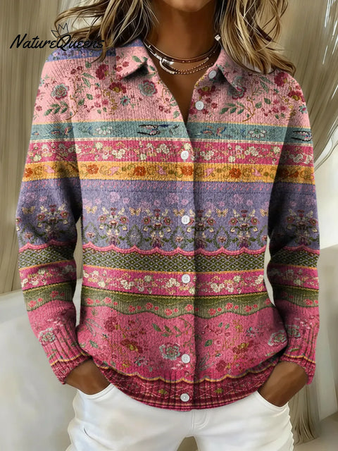 Women's Ethnic Style Art Horizontal Stripes Printed Collared Sweater