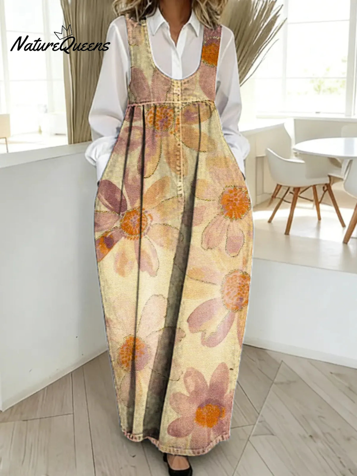 Women's Floral Pattern Art Print Casual Cotton Denim Dress