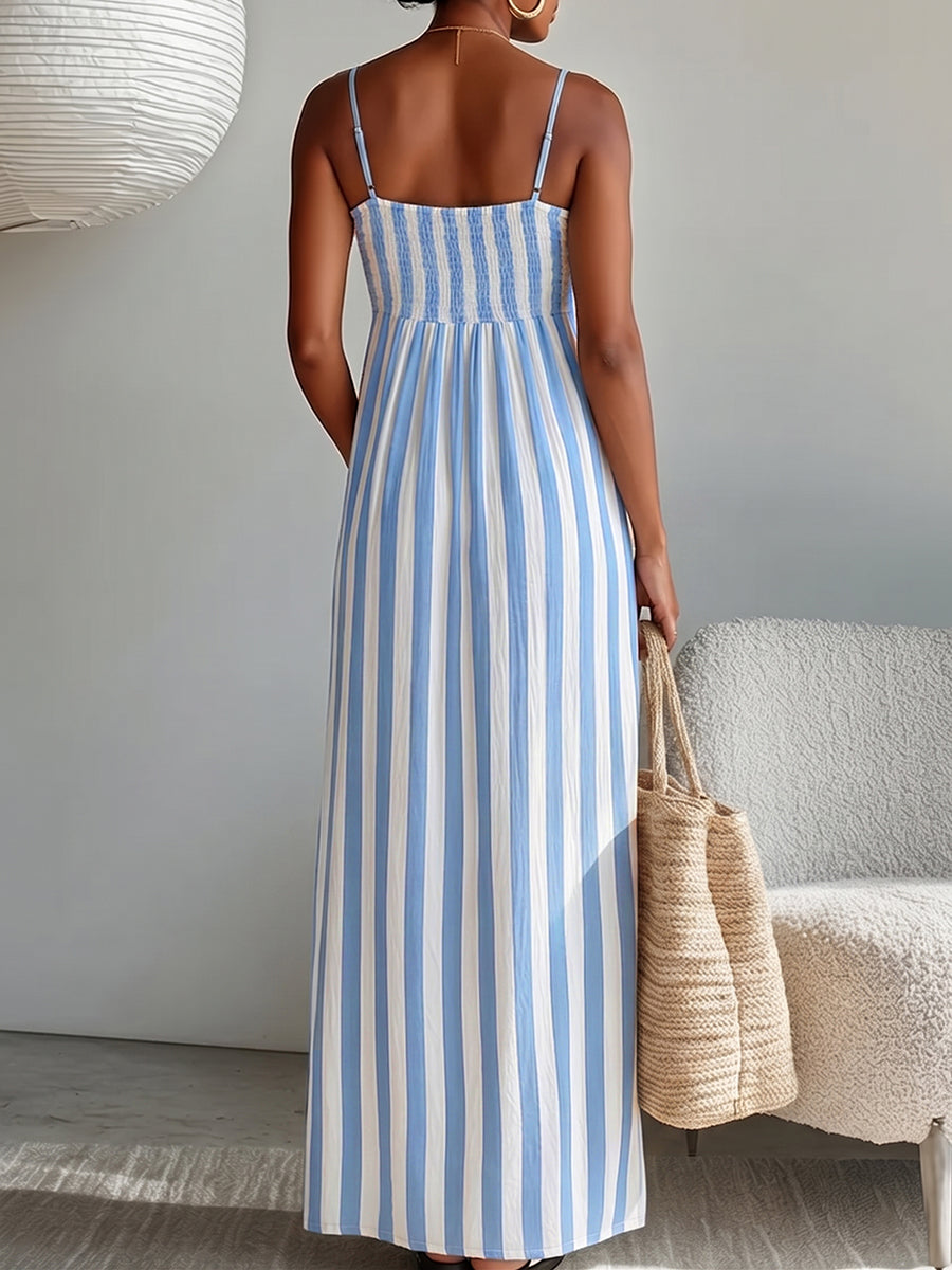 Cozy Vacation Blue Striped Strappy Maxi Dress