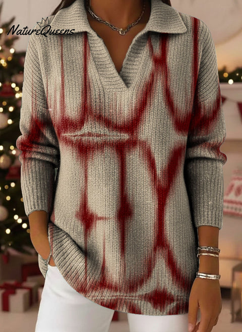 Retro Ethnic Art Pattern Polo Collar Shiny Loose Sweater Top