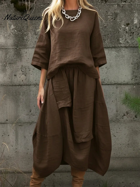 Retro Linen Top And Pocket-style Skirt Two-piece Set