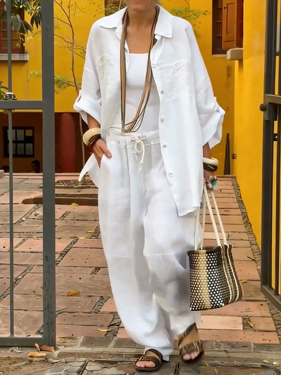 Women's Solid-Color Cotton-Linen Two-Piece Set: Long-Sleeve Loose-Fit Top with Lapel Collar & Casual Wide-Leg Pants with Elastic Waist