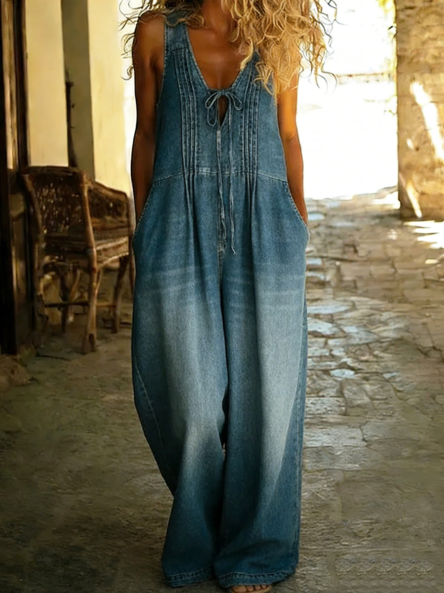 Casual Pleated Drawstring Loose Denim Jumpsuit