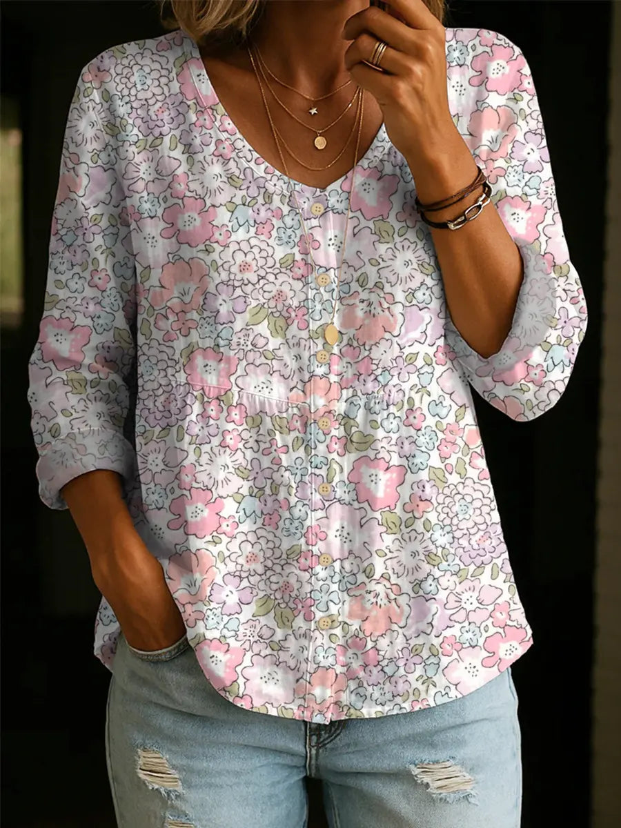 Women's Floral Pattern Art Print Casual Cotton Shirt