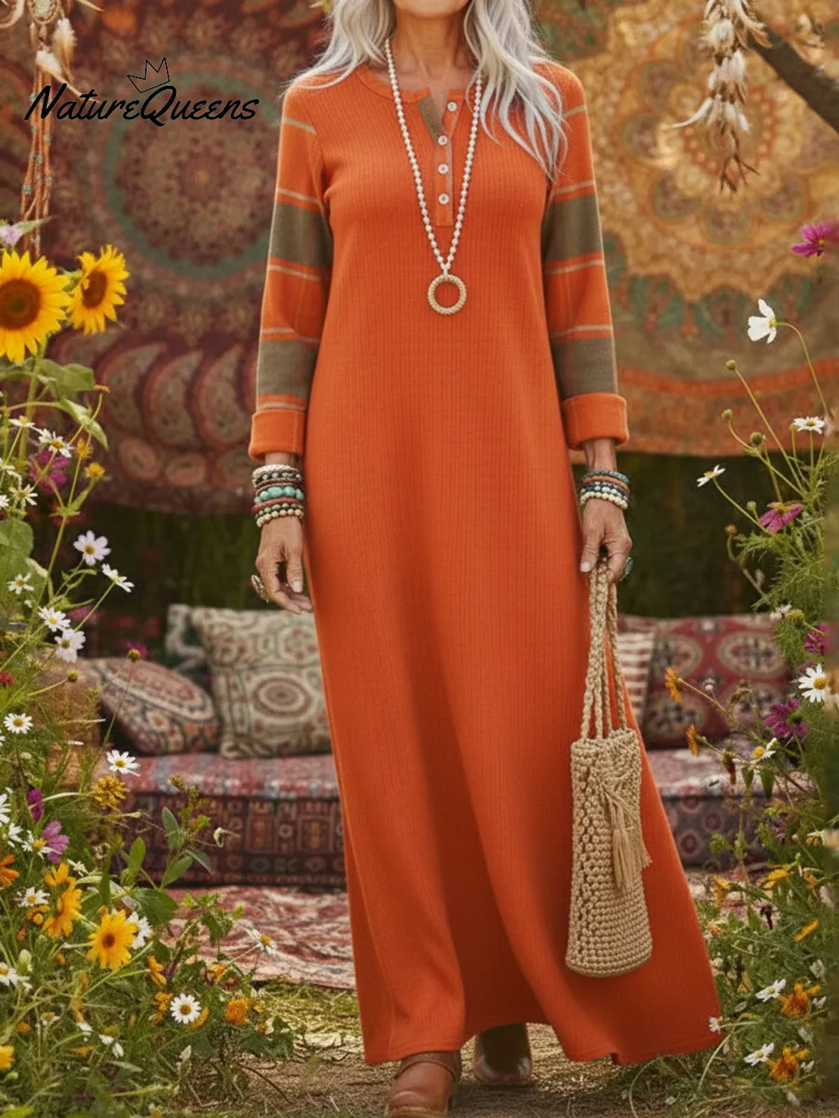 Cozy Henley Collar Sleeves Patchwork Plaid Knit Dress