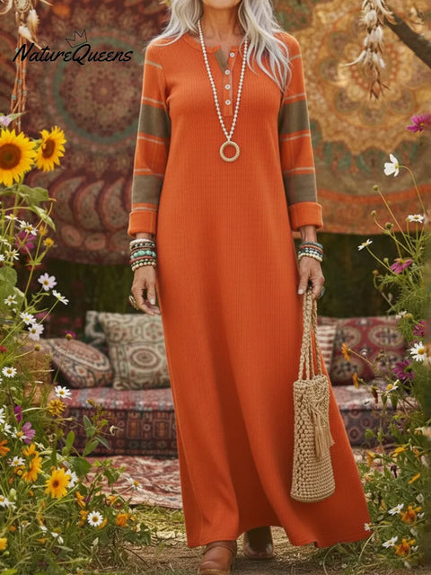 Cozy Henley Collar Sleeves Patchwork Plaid Knit Dress