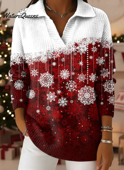 Color-block Christmas Red Print Lapel Casual Knit Sweater