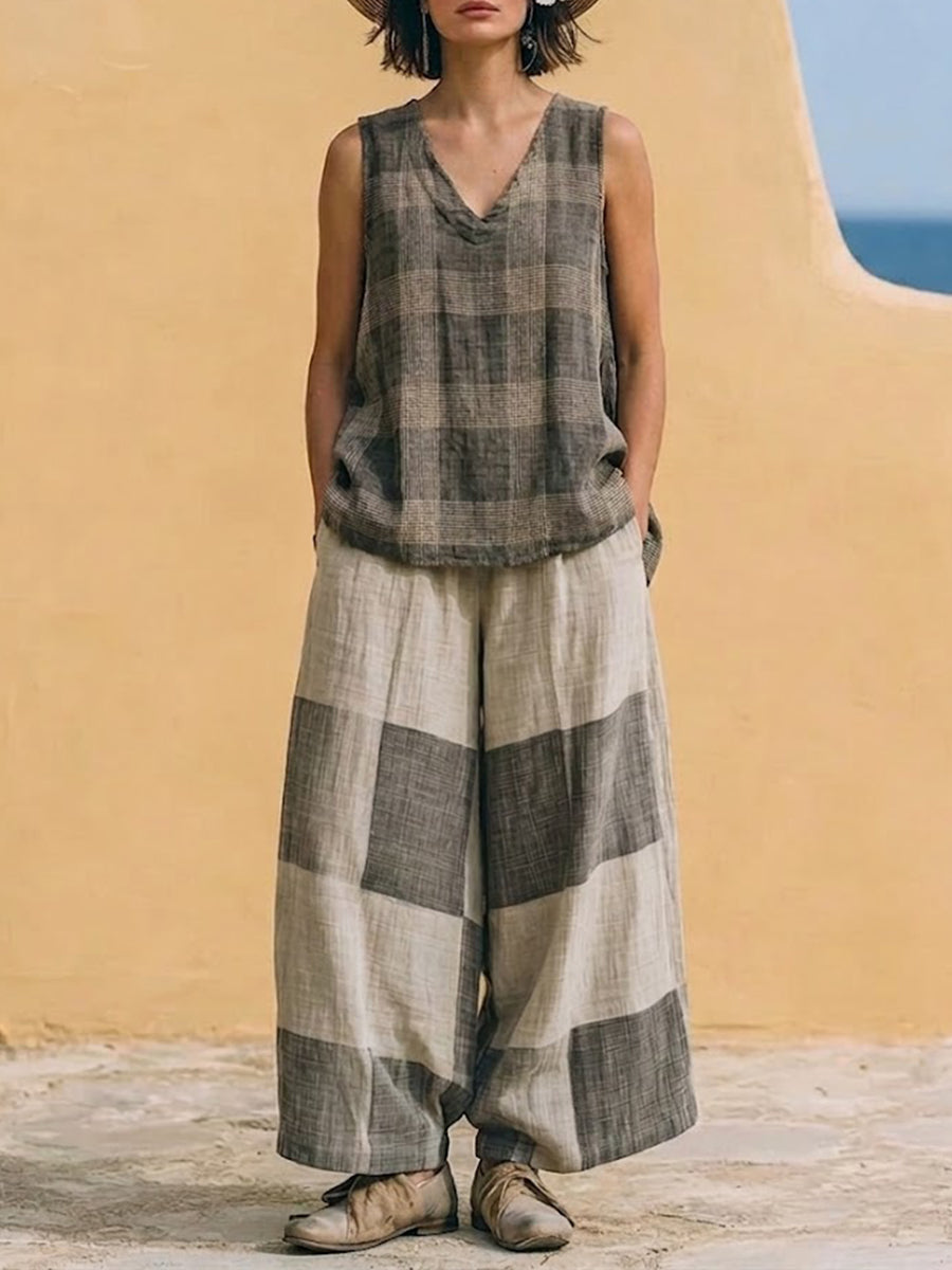 Casual Retro Plaid Linen-cotton Sleeveless Top And Pants Two-piece Set