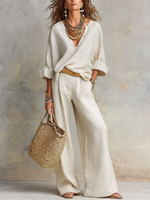 Cozy Minimalist V-neck Cotton-linen Two-piece Set