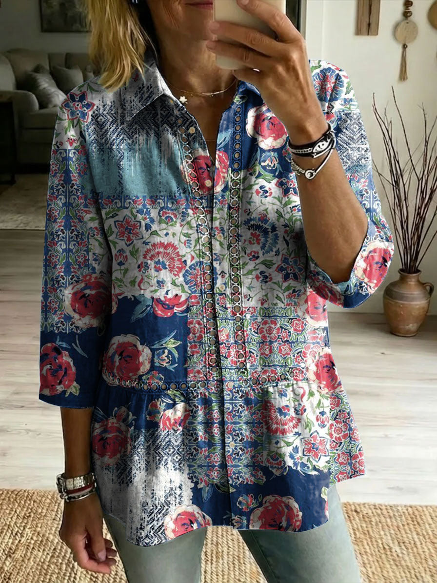 Floral Flowers Art Patterns Casual Patchwork Openwork Webbing Linen And Cotton Shirt