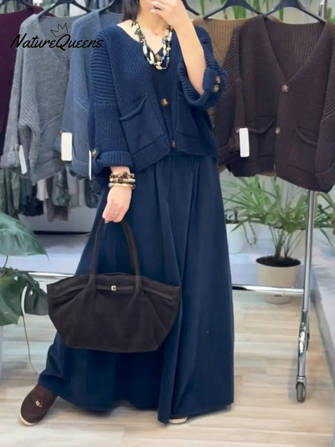 Women's Solid Color V-Neck Long-Sleeve Casual Loose Knit Cardigan Set with Elastic Waist A-Line Skirt