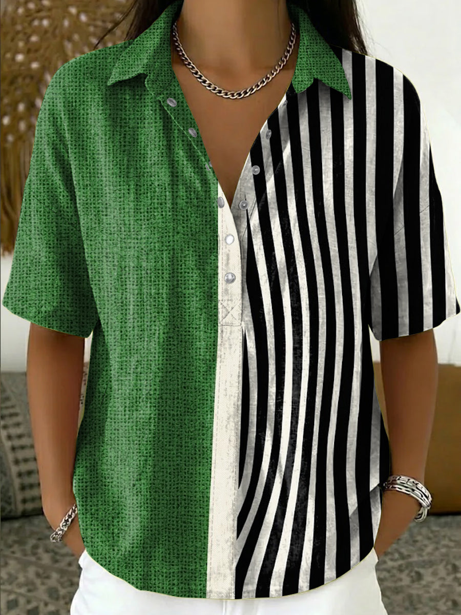 Women's Retro Color-block Striped Half-placket Shirt