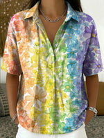 Artistic Rainbow Floral Print Short-sleeve Polo Shirt — Half-button Placket Design