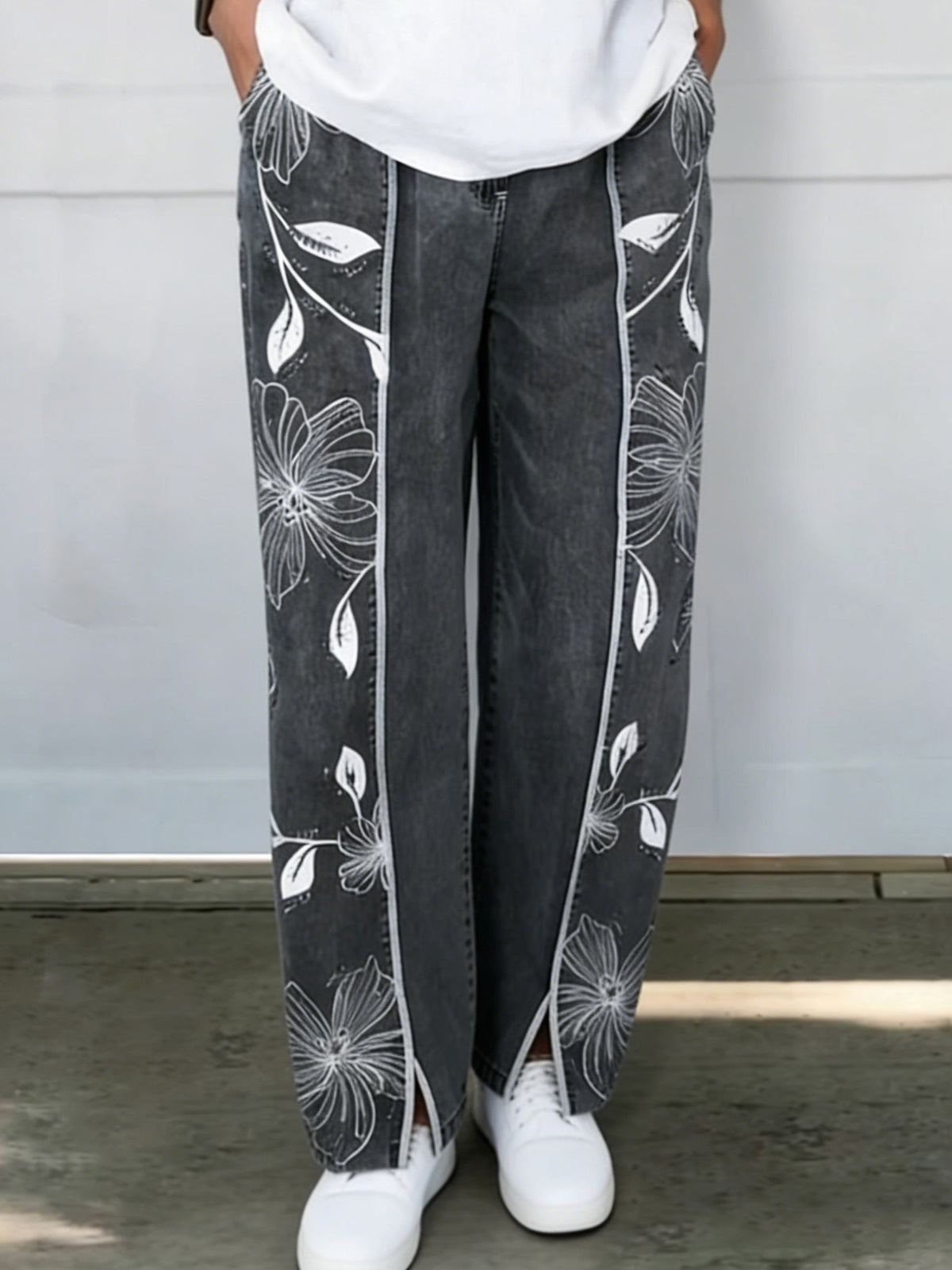 Cozy Artistic Floral Print Jeans