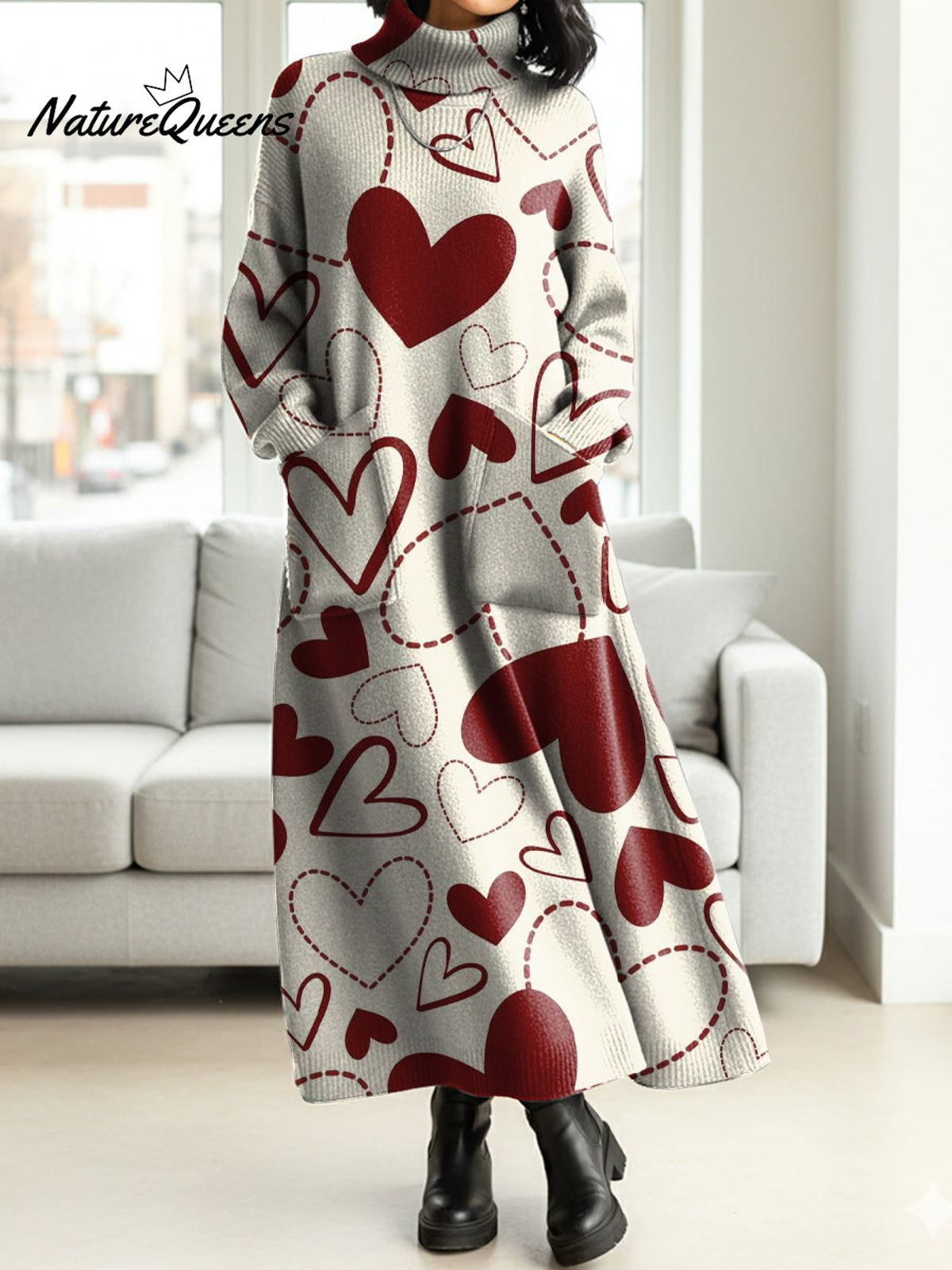 Women's Heart-shaped Print Valentine's Day Casual Cotton Knitted Dress
