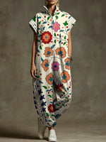 Women's Retro Floral Print Stand-collar Short-sleeve Casual Loose Cotton Wide-leg Jumpsuit