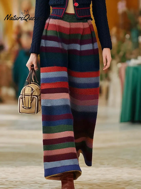 Women's Color-blocked Striped Print High-waisted Casual Loose Knit Wide-leg Pants