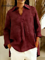 Women's Solid Color V-neck Long-sleeved Casual Loose Cotton And Linen Top