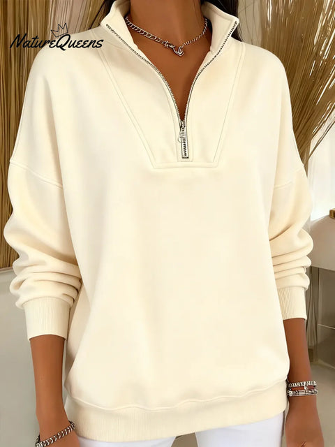 Women's Solid Color Cardigan Collar Casual Loose Pullover Sweatshirt