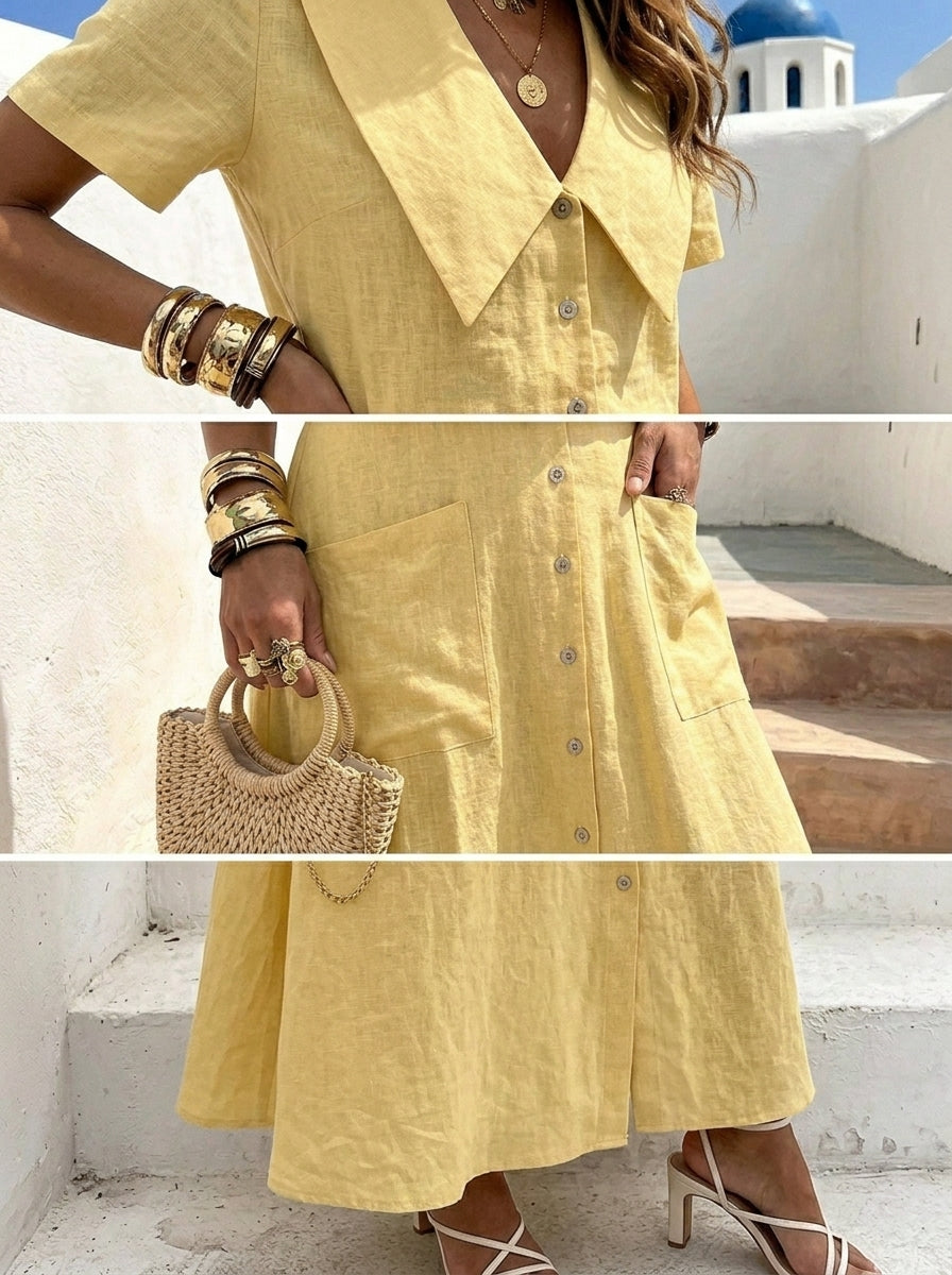 Women’s Solid-color Big Collar Cotton Linen Casual Short Sleeve V Neck Button Down Shirts Maxi Dress