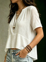Women's Casual Solid-color Loose V-neck Short-sleeve Top